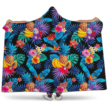 Turquoise Hawaiian Fruits Pattern Print Hooded Blanket