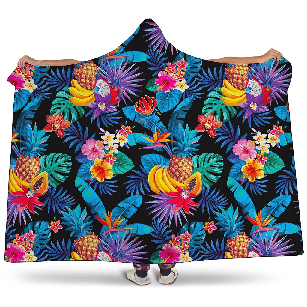 Turquoise Hawaiian Fruits Pattern Print Hooded Blanket
