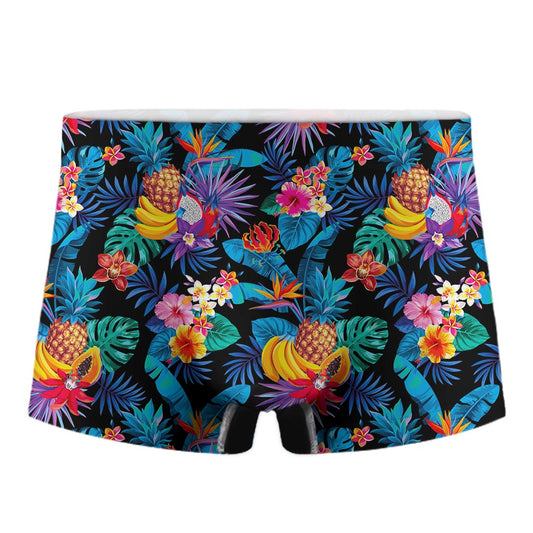 Turquoise Hawaiian Fruits Pattern Print Men's Boxer Briefs