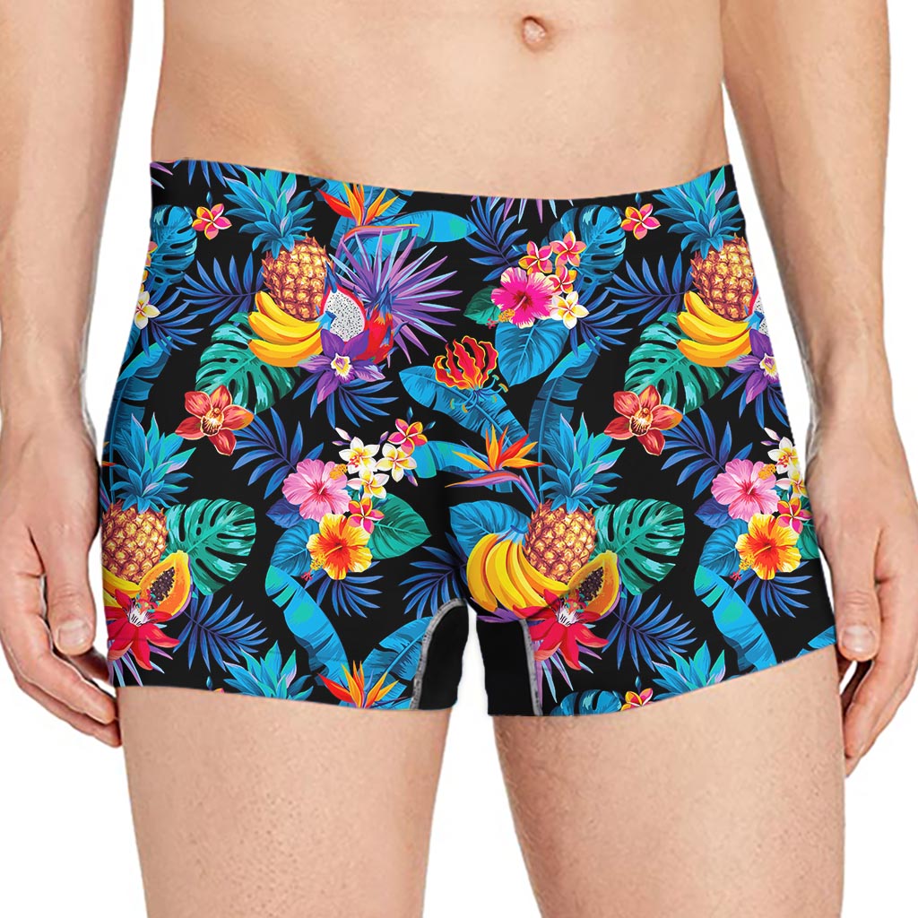 Turquoise Hawaiian Fruits Pattern Print Men's Boxer Briefs
