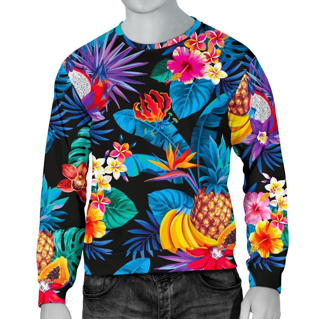 Turquoise Hawaiian Fruits Pattern Print Men's Crewneck Sweatshirt GearFrost