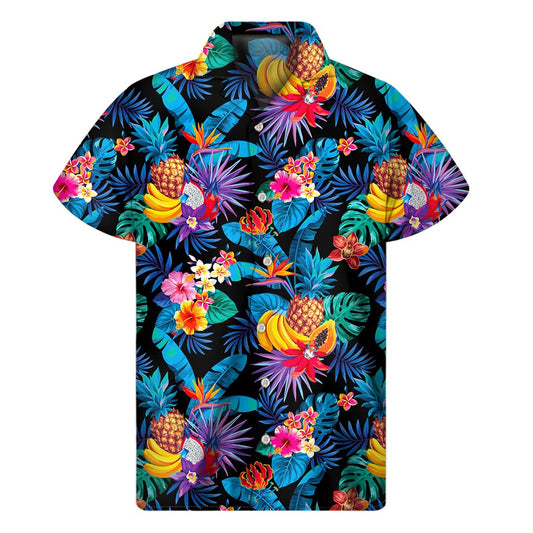 Turquoise Hawaiian Fruits Pattern Print Men's Short Sleeve Shirt