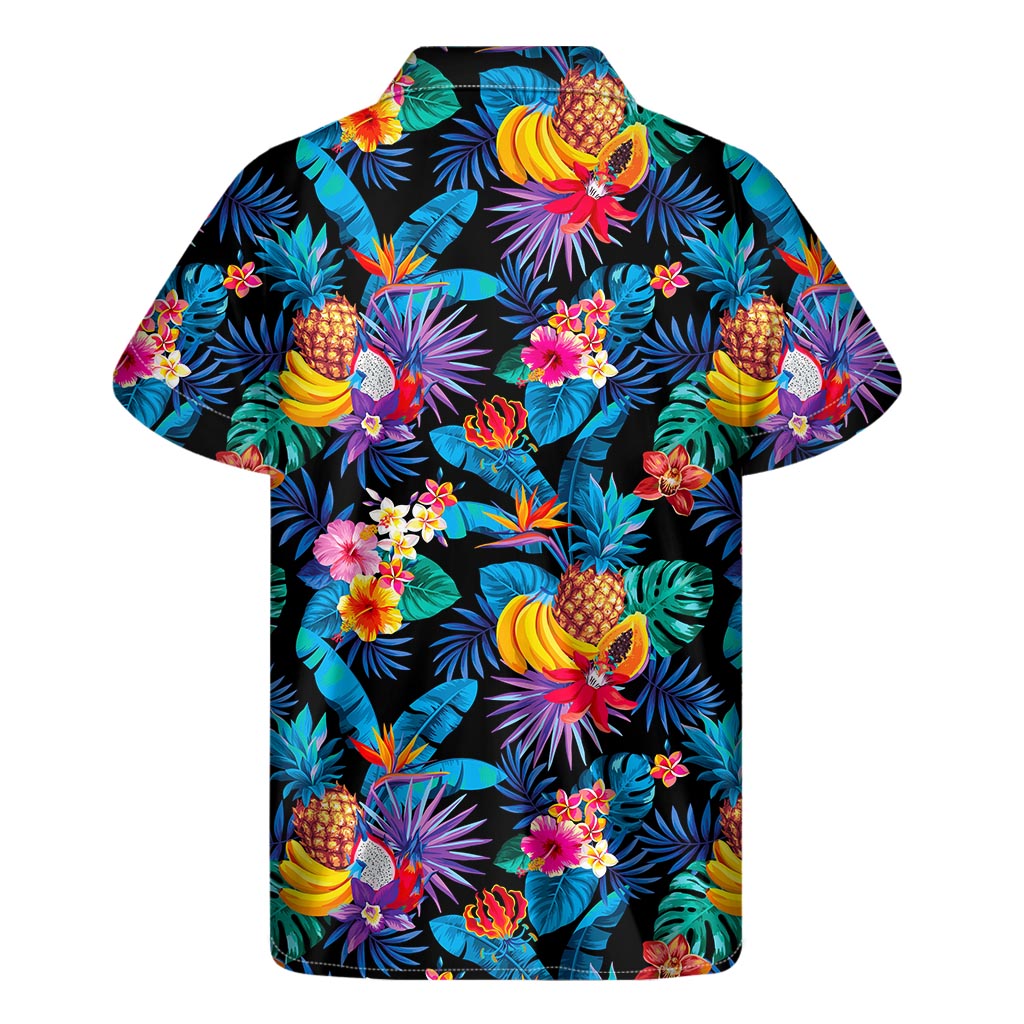 Turquoise Hawaiian Fruits Pattern Print Men's Short Sleeve Shirt