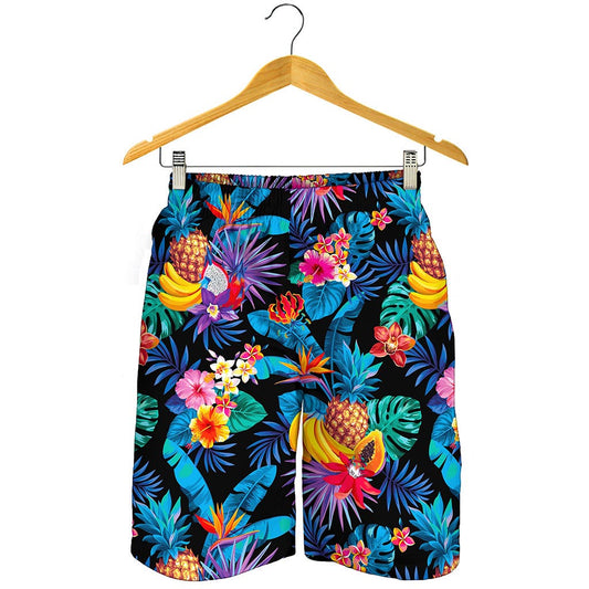 Turquoise Hawaiian Fruits Pattern Print Men's Shorts