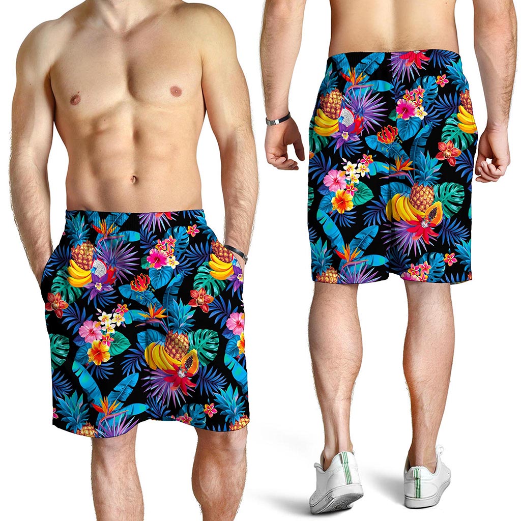 Turquoise Hawaiian Fruits Pattern Print Men's Shorts