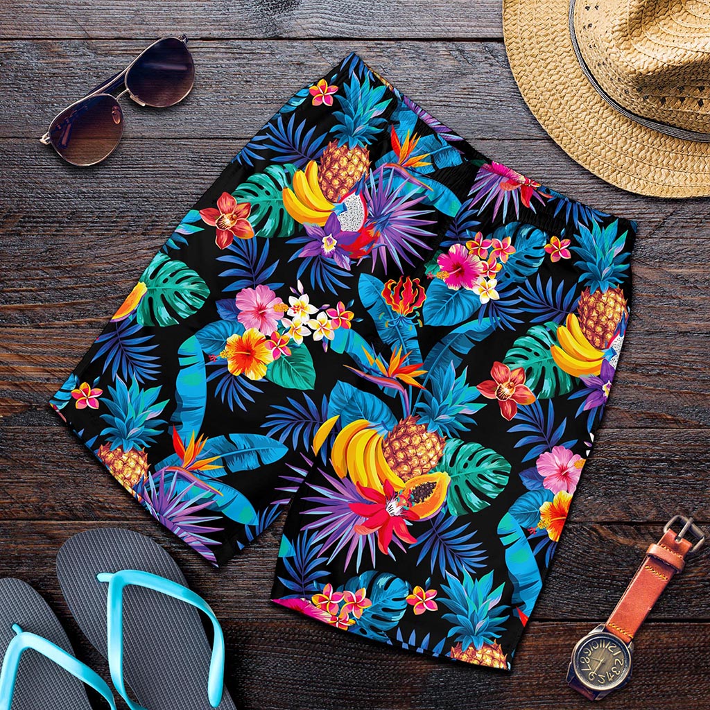 Turquoise Hawaiian Fruits Pattern Print Men's Shorts