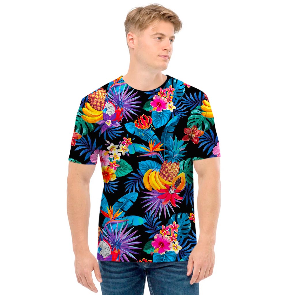 Turquoise Hawaiian Fruits Pattern Print Men's T-Shirt