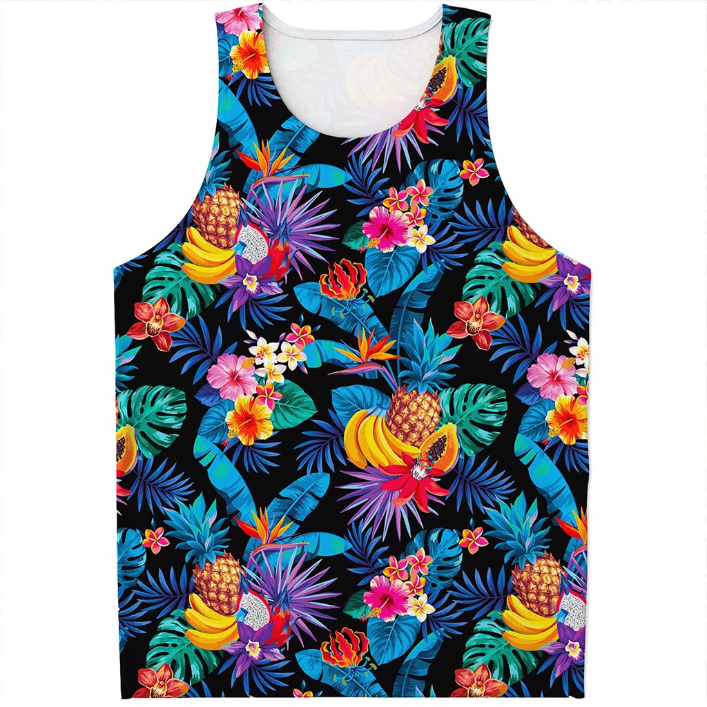 Turquoise Hawaiian Fruits Pattern Print Men's Tank Top