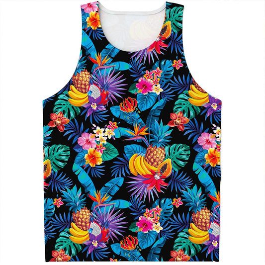 Turquoise Hawaiian Fruits Pattern Print Men's Tank Top