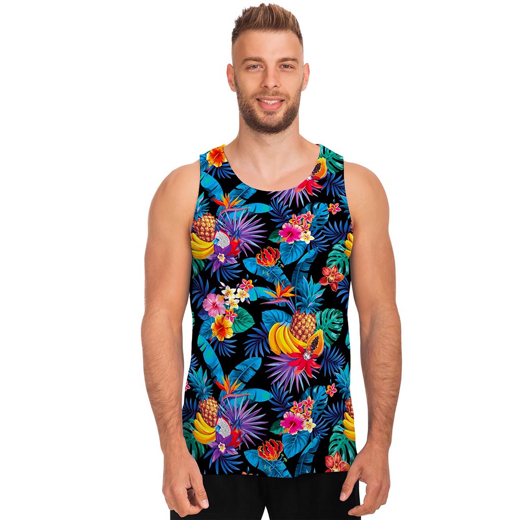Turquoise Hawaiian Fruits Pattern Print Men's Tank Top