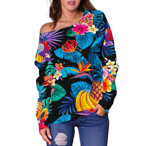 Turquoise Hawaiian Fruits Pattern Print Off Shoulder Sweatshirt GearFrost