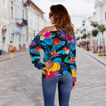 Turquoise Hawaiian Fruits Pattern Print Off Shoulder Sweatshirt GearFrost