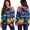 Turquoise Hawaiian Fruits Pattern Print Off Shoulder Sweatshirt GearFrost