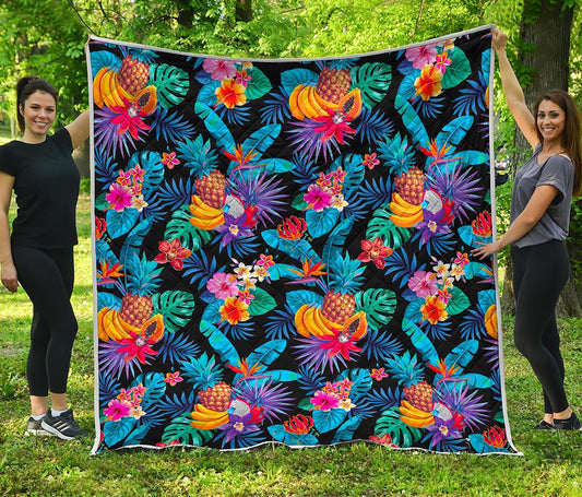 Turquoise Hawaiian Fruits Pattern Print Quilt