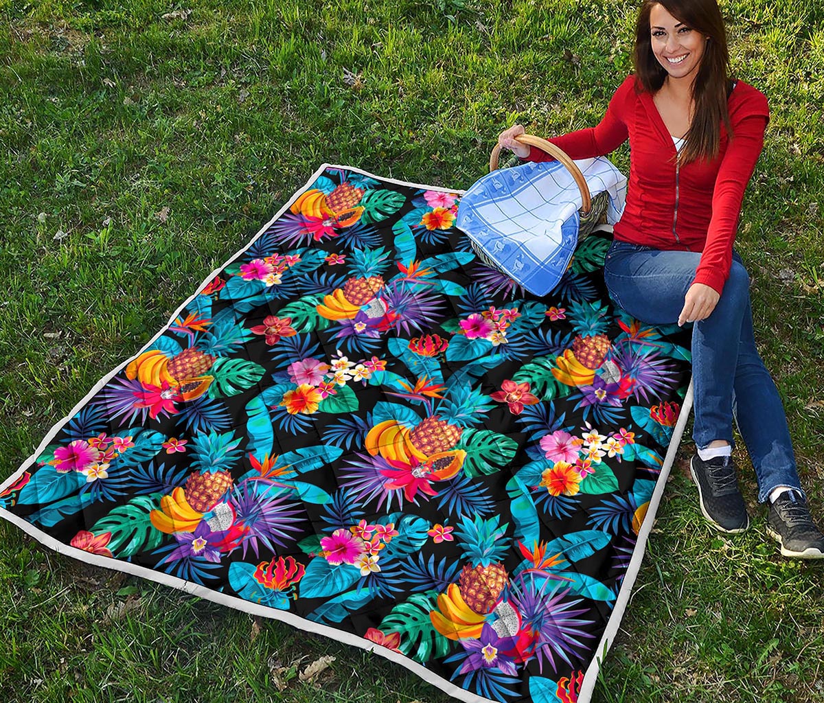 Turquoise Hawaiian Fruits Pattern Print Quilt
