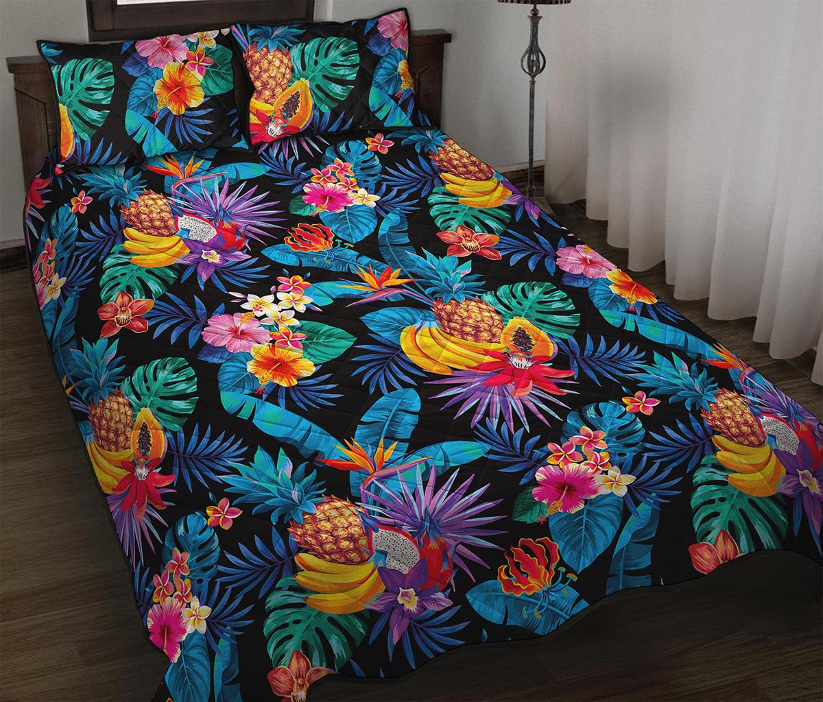 Turquoise Hawaiian Fruits Pattern Print Quilt Bed Set