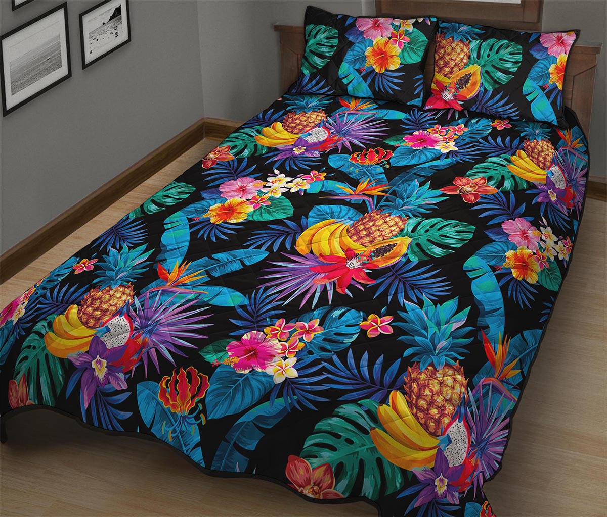 Turquoise Hawaiian Fruits Pattern Print Quilt Bed Set