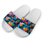 Turquoise Hawaiian Fruits Pattern Print White Slide Sandals