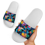 Turquoise Hawaiian Fruits Pattern Print White Slide Sandals