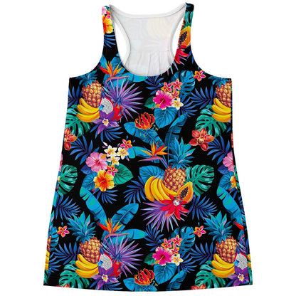 Turquoise Hawaiian Fruits Pattern Print Women's Racerback Tank Top