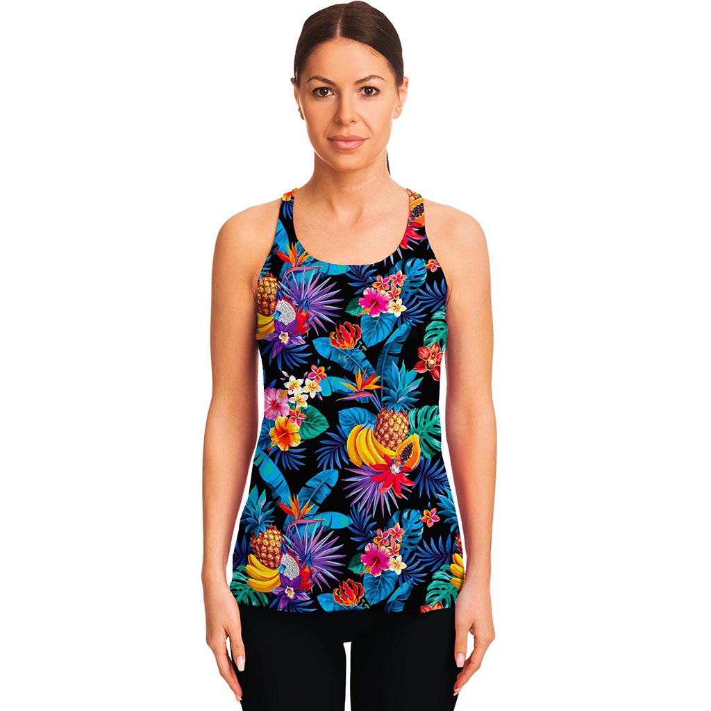 Turquoise Hawaiian Fruits Pattern Print Women's Racerback Tank Top