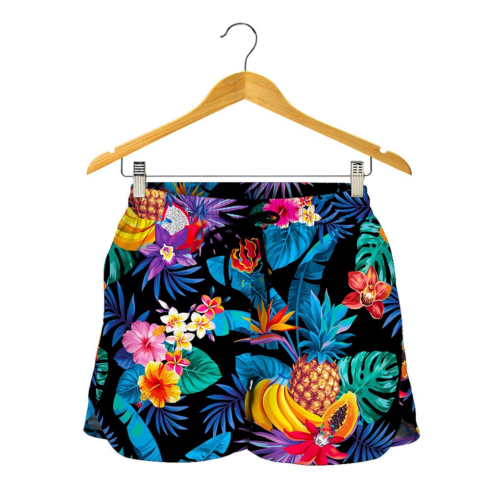 Turquoise Hawaiian Fruits Pattern Print Women's Shorts