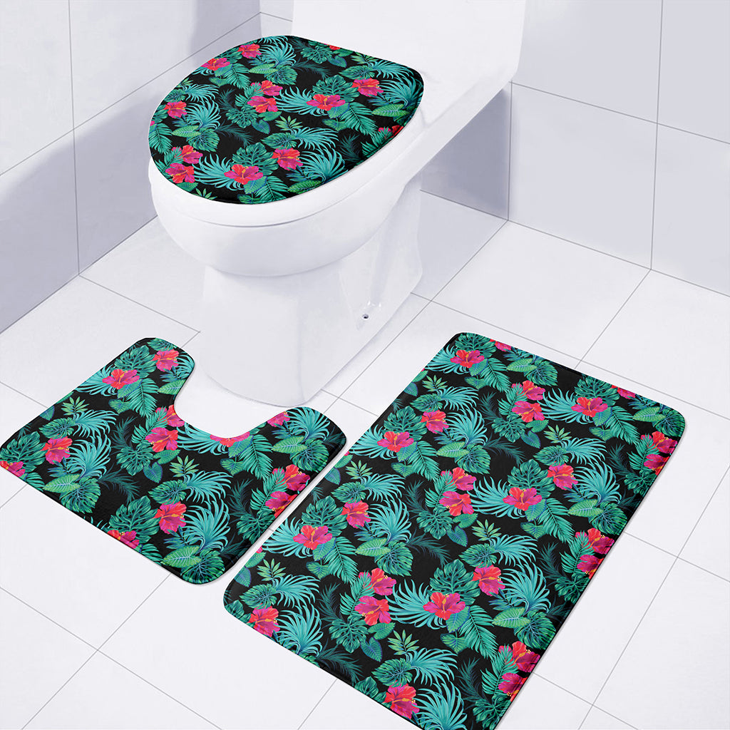Turquoise Hawaiian Palm Leaves Print 3 Piece Bath Mat Set