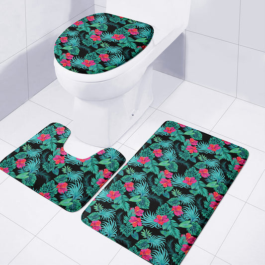 Turquoise Hawaiian Palm Leaves Print 3 Piece Bath Mat Set