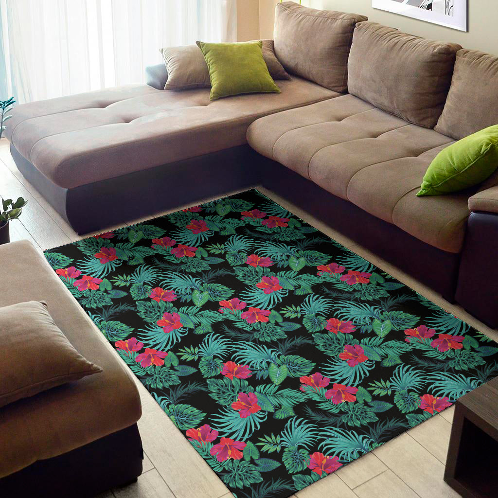 Turquoise Hawaiian Palm Leaves Print Area Rug