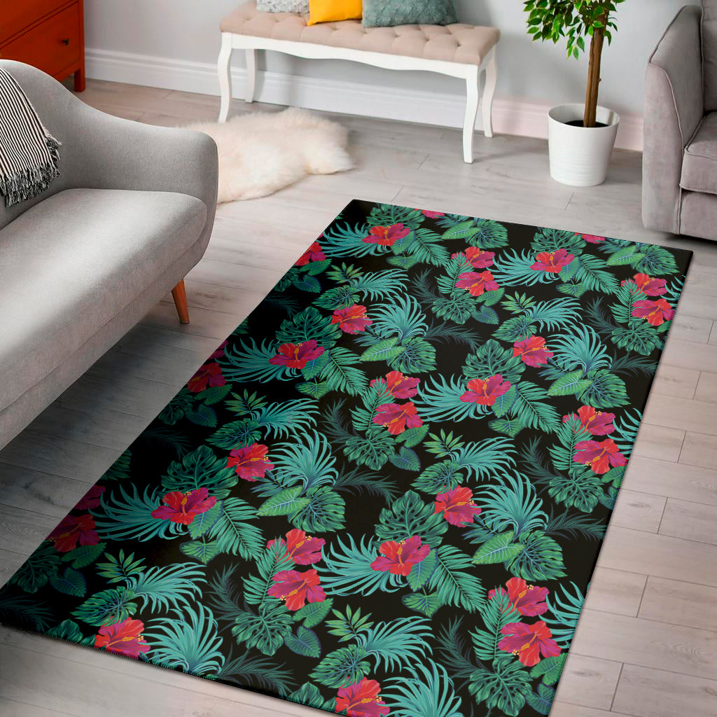 Turquoise Hawaiian Palm Leaves Print Area Rug