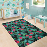 Turquoise Hawaiian Palm Leaves Print Area Rug