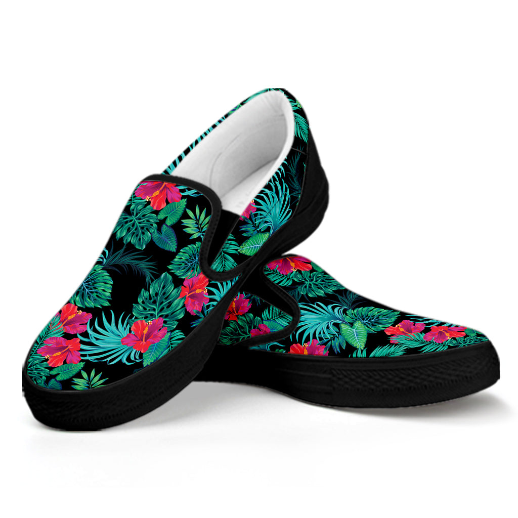 Turquoise Hawaiian Palm Leaves Print Black Slip On Shoes