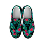 Turquoise Hawaiian Palm Leaves Print Black Slip On Shoes