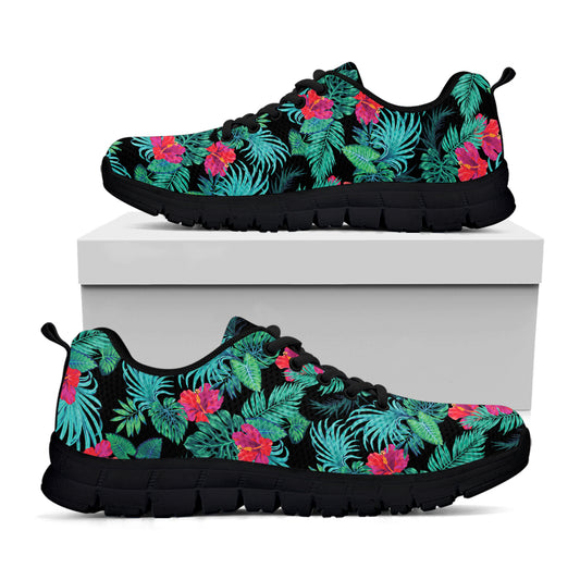 Turquoise Hawaiian Palm Leaves Print Black Sneakers