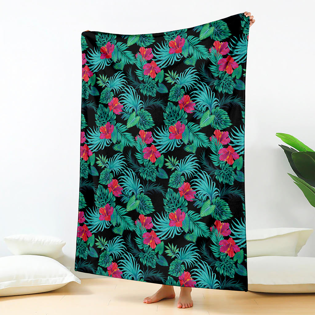 Turquoise Hawaiian Palm Leaves Print Blanket