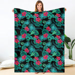 Turquoise Hawaiian Palm Leaves Print Blanket