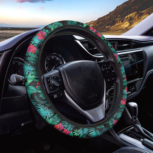 Turquoise Hawaiian Palm Leaves Print Car Steering Wheel Cover