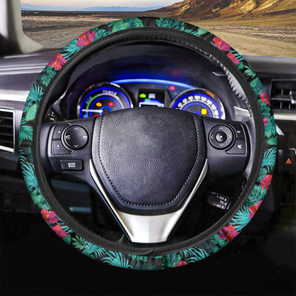 Turquoise Hawaiian Palm Leaves Print Car Steering Wheel Cover