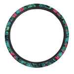Turquoise Hawaiian Palm Leaves Print Car Steering Wheel Cover