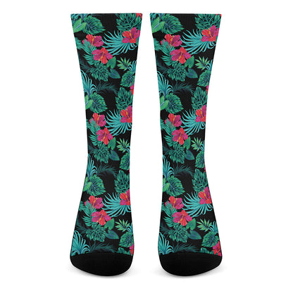 Turquoise Hawaiian Palm Leaves Print Crew Socks