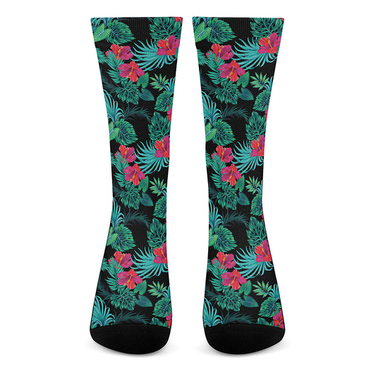 Turquoise Hawaiian Palm Leaves Print Crew Socks