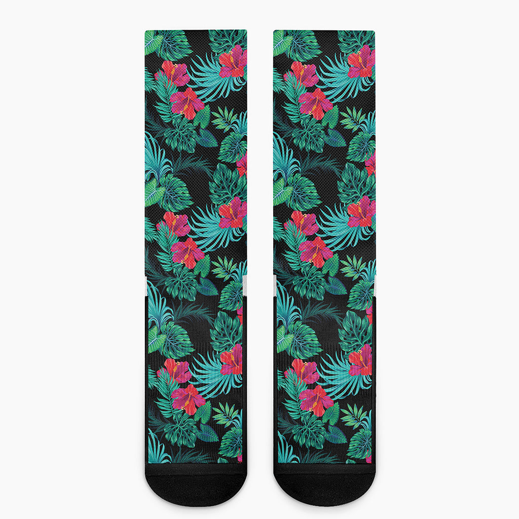 Turquoise Hawaiian Palm Leaves Print Crew Socks