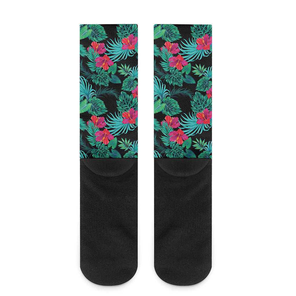 Turquoise Hawaiian Palm Leaves Print Crew Socks