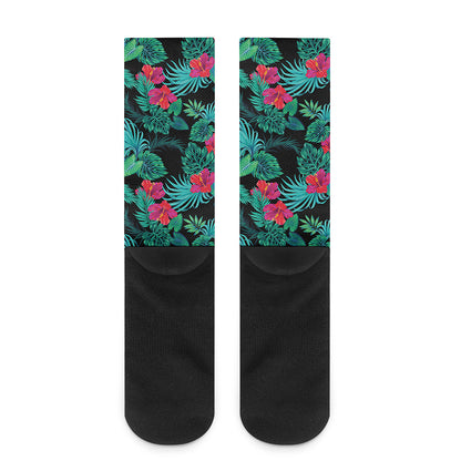 Turquoise Hawaiian Palm Leaves Print Crew Socks