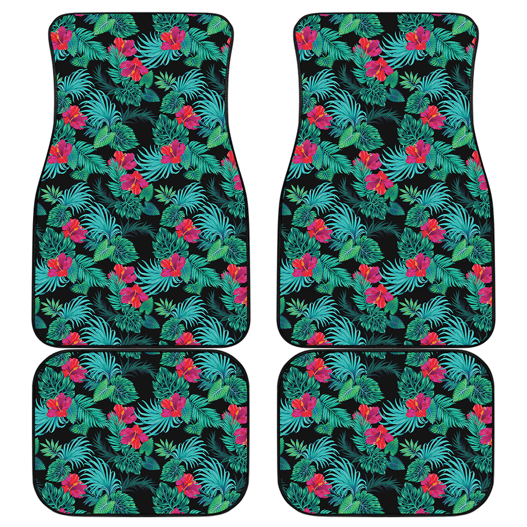 Turquoise Hawaiian Palm Leaves Print Front and Back Car Floor Mats