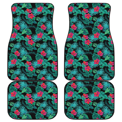 Turquoise Hawaiian Palm Leaves Print Front and Back Car Floor Mats