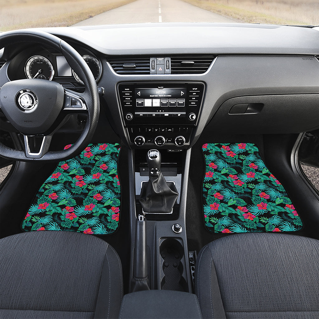 Turquoise Hawaiian Palm Leaves Print Front and Back Car Floor Mats