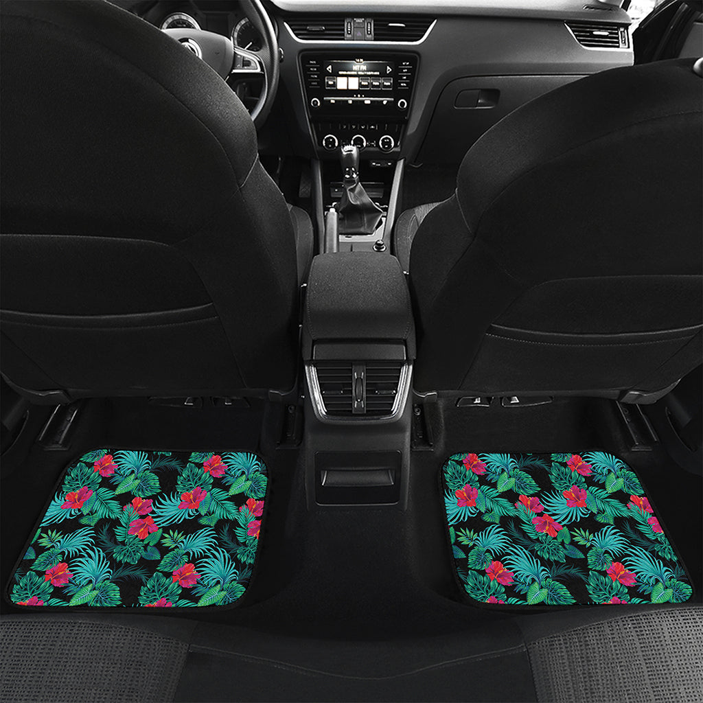 Turquoise Hawaiian Palm Leaves Print Front and Back Car Floor Mats
