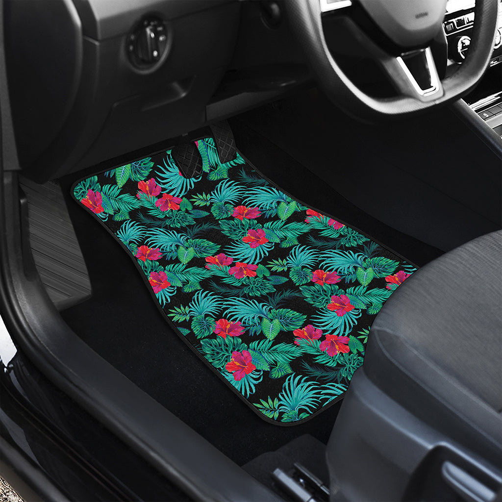 Turquoise Hawaiian Palm Leaves Print Front and Back Car Floor Mats