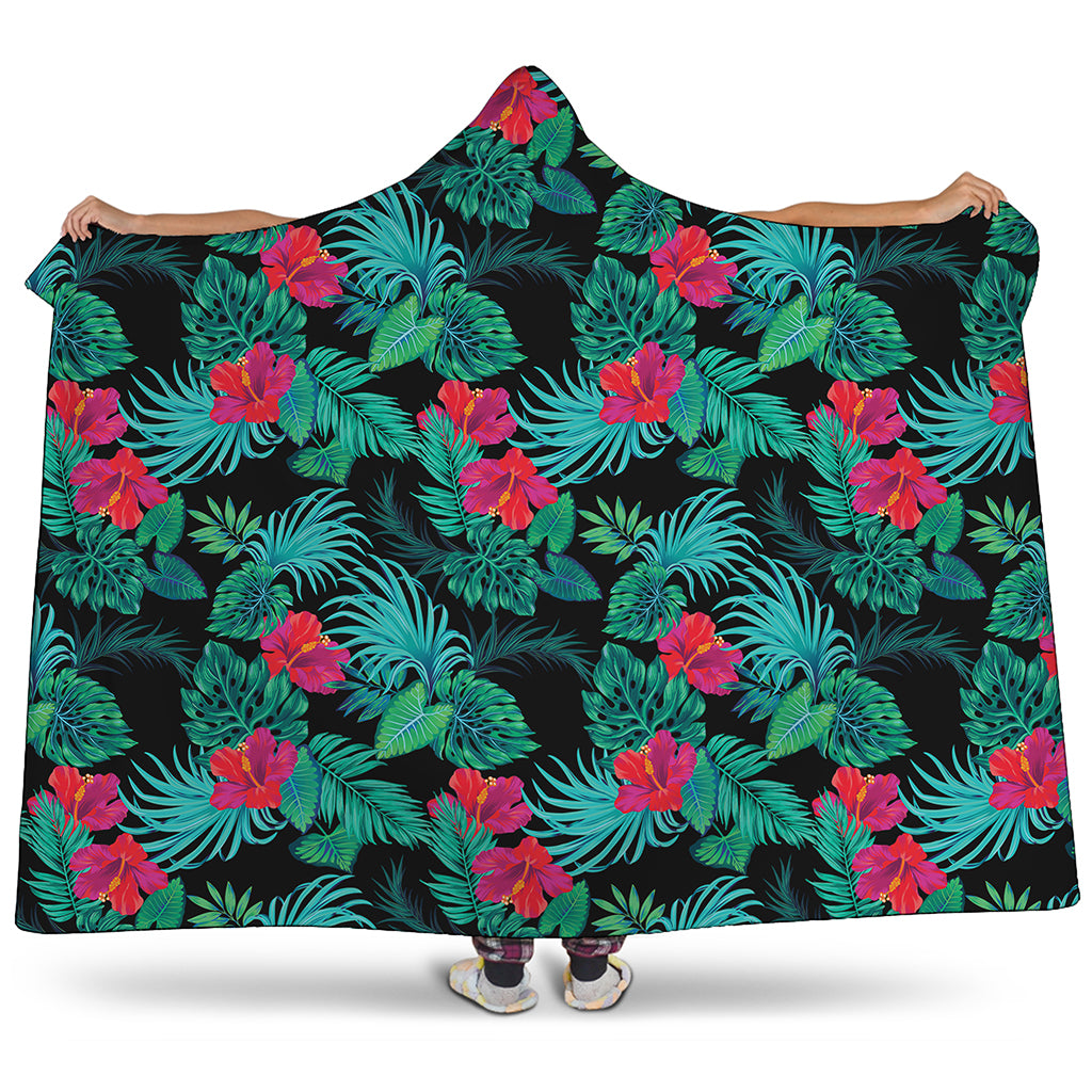Turquoise Hawaiian Palm Leaves Print Hooded Blanket